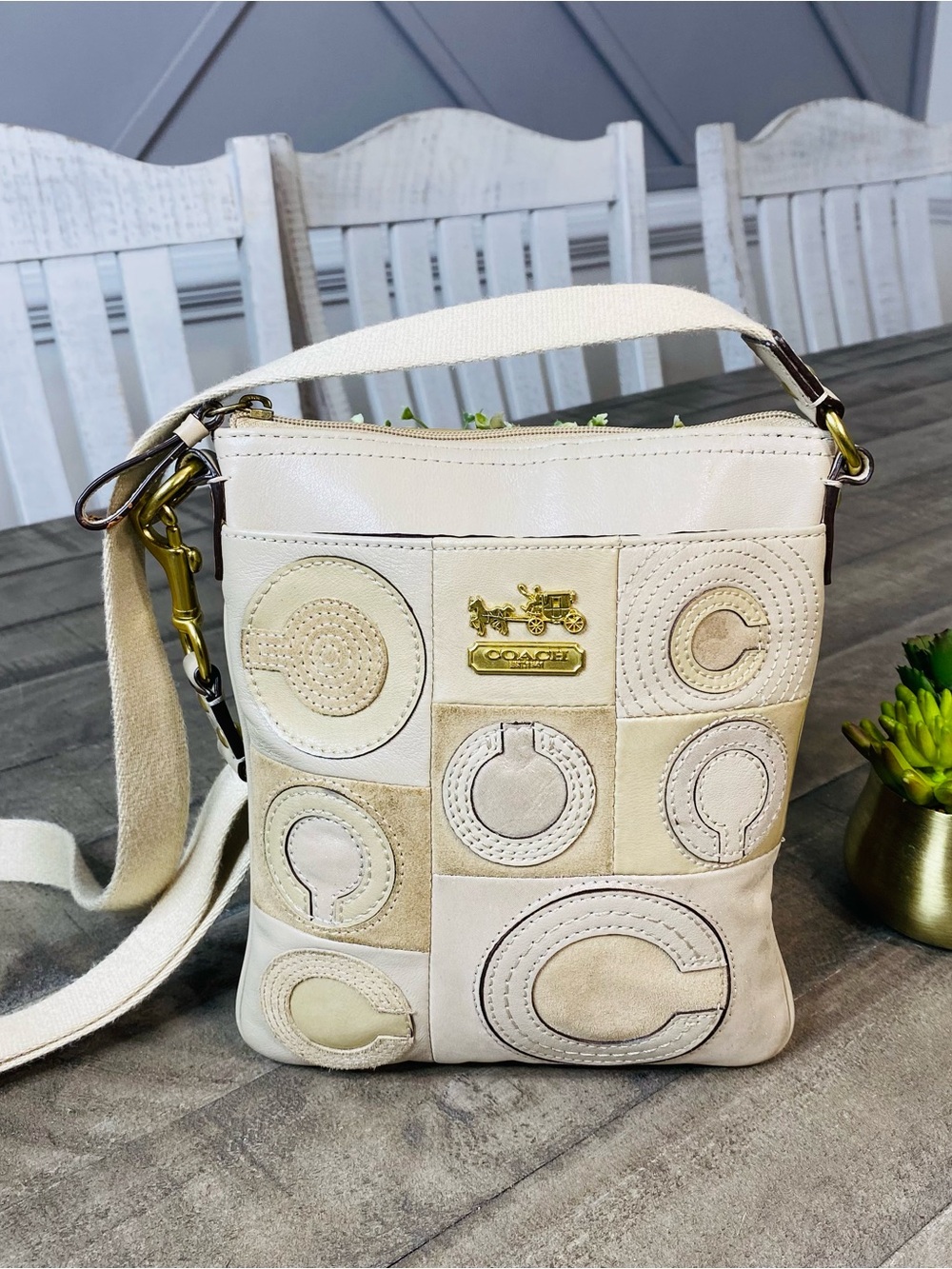 Coach Madison Mia Inlaid C Patchwork Crossbody Bag Suede Leather Ivory Beige